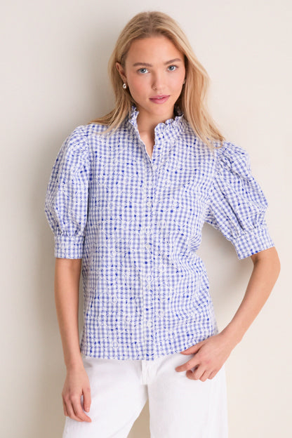 Blue Embroidered Gingham Louisa Blouse