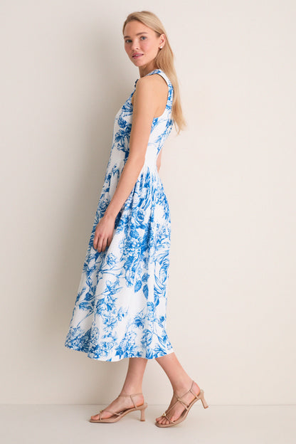 Blue & White Blooms Floral Posey Midi Dress