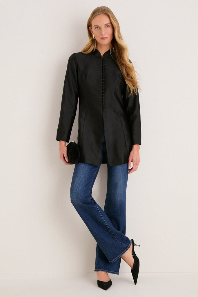 Black Dupioni Mandarin Collar Tamara Tunic