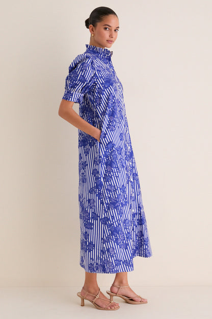 Blue & White Striped Floral Louisa Maxi Dress
