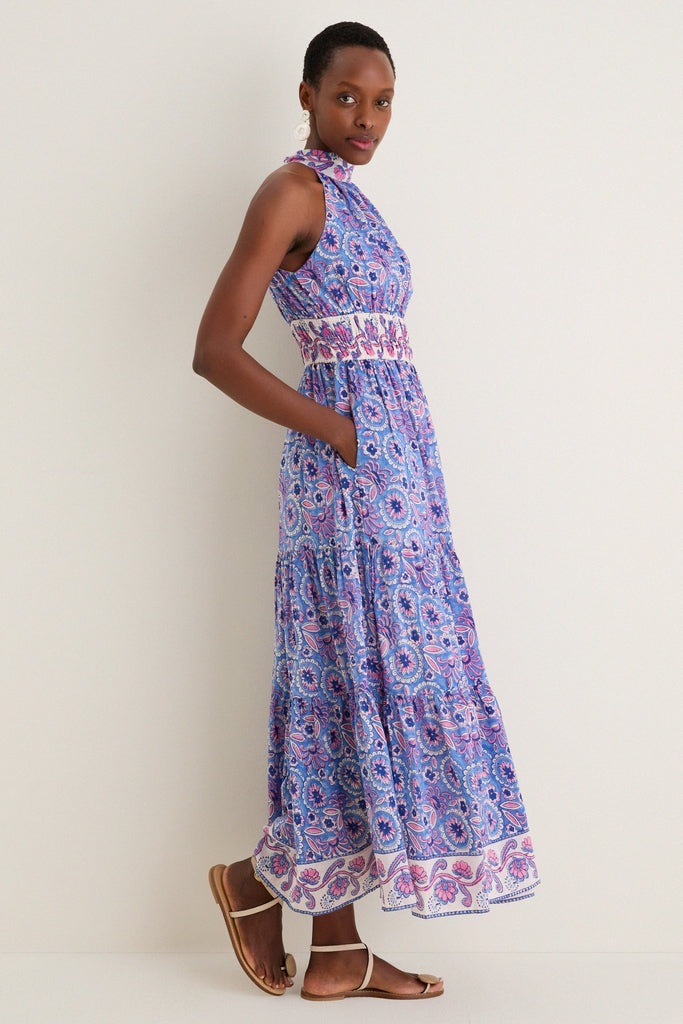 Blue with Pink Flowers Bella Halter Maxi Dress