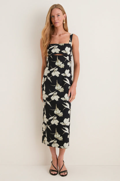Black & Tan Floral Cut-Out Corolla Column Maxi Dress