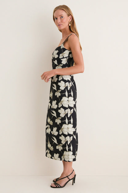 Black & Tan Floral Cut-Out Corolla Column Maxi Dress