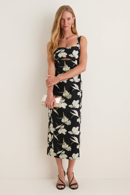 Black & Tan Floral Cut-Out Corolla Column Maxi Dress