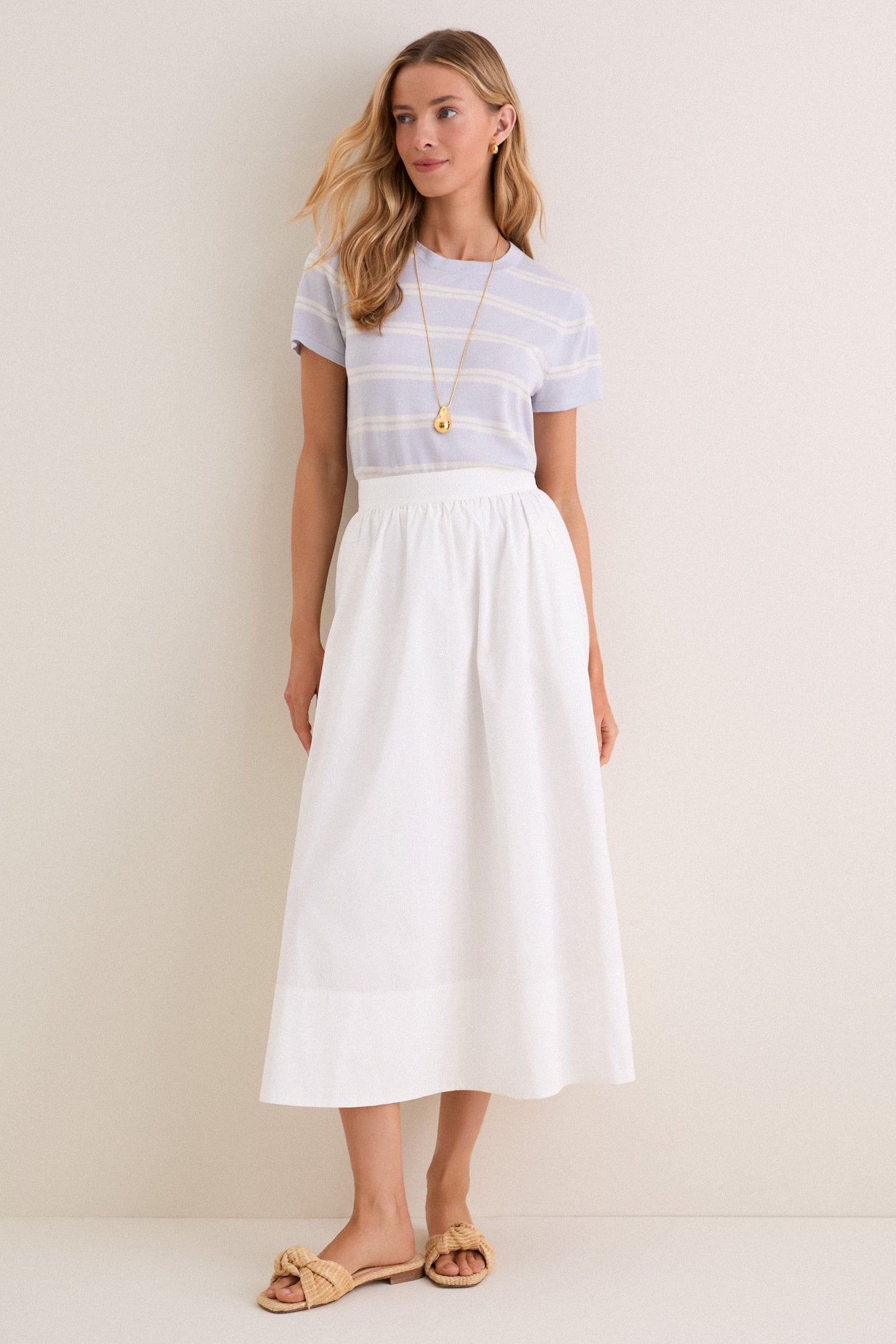 Blue and Ivory Stripe Cashmere Silk Katie Tee
