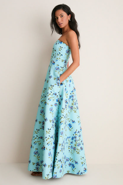 Blue Magnolia Print Ragna Gown