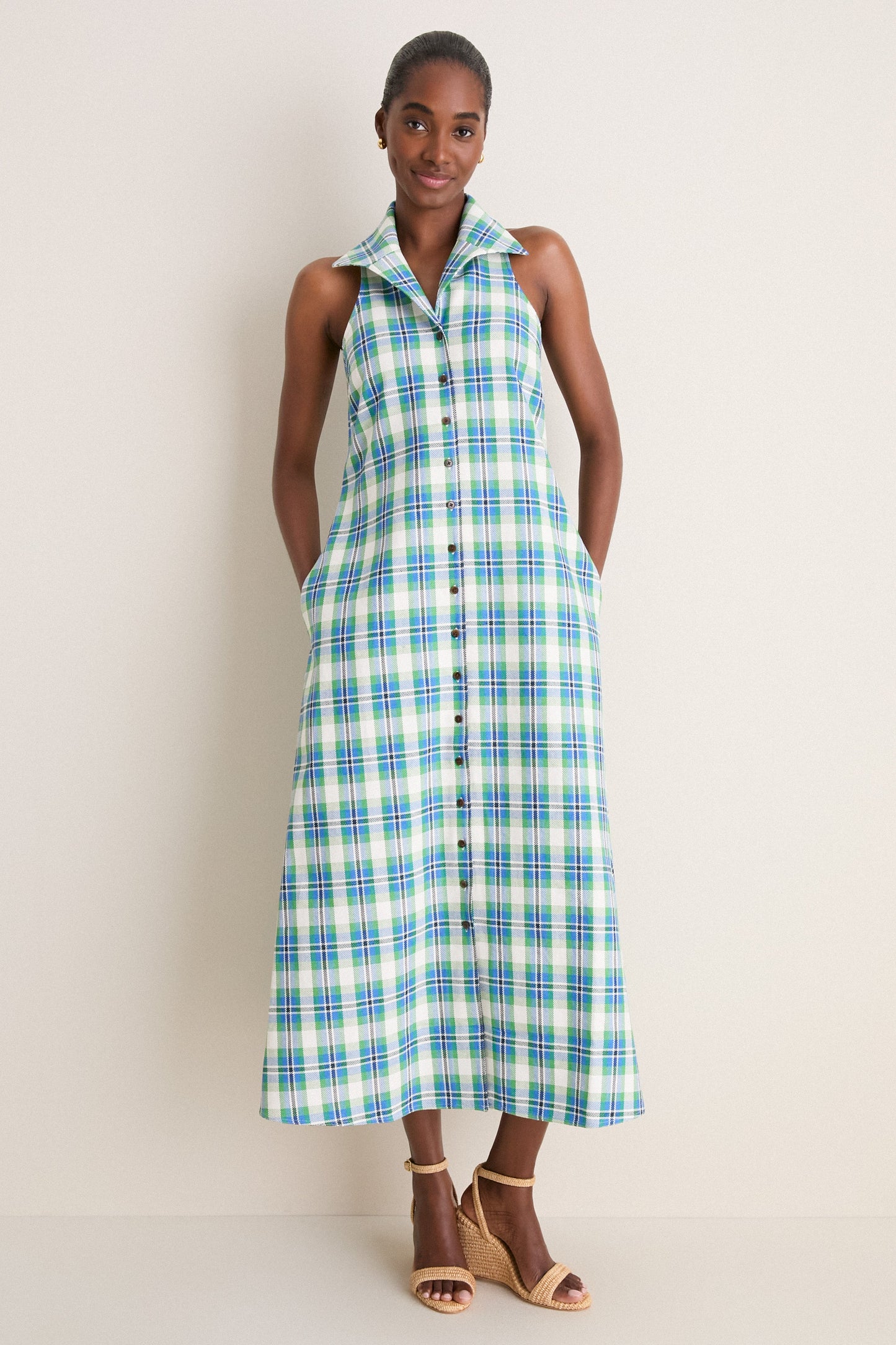Blue and Green Patio Plaid Take it or Sleeveless Dress