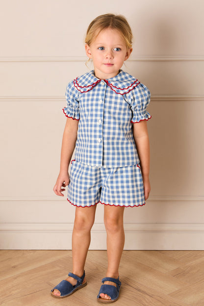 Blue Gingham Statement Collar Top