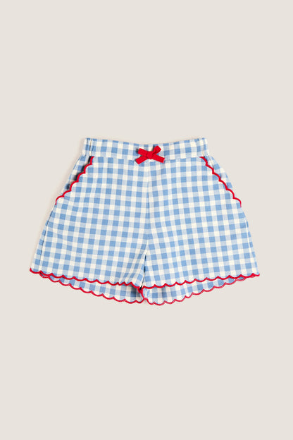 Blue Gingham Shorts with Red Trim