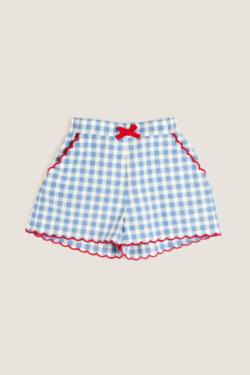 Blue Gingham Shorts with Red Trim