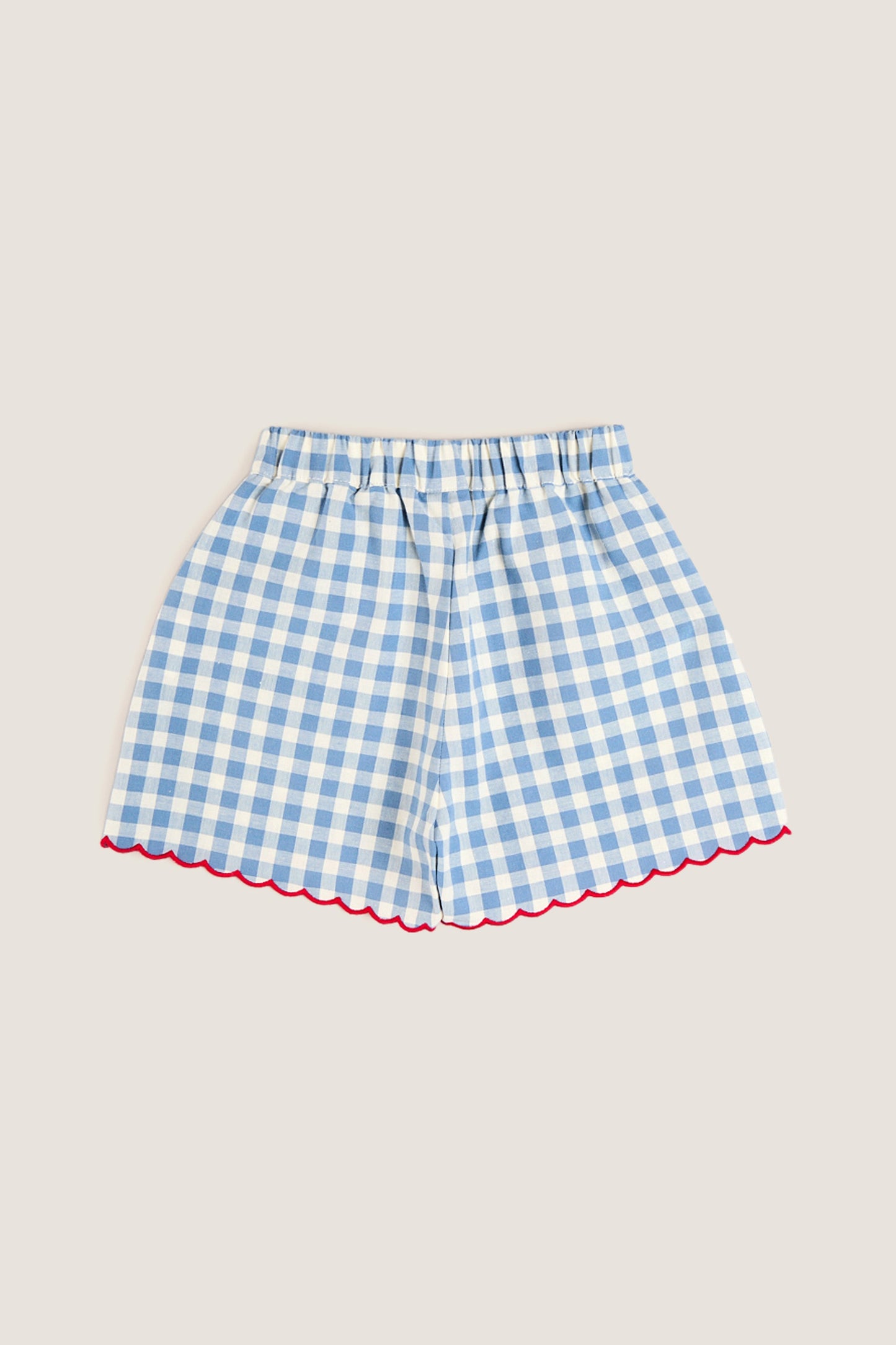 Blue Gingham Shorts with Red Trim