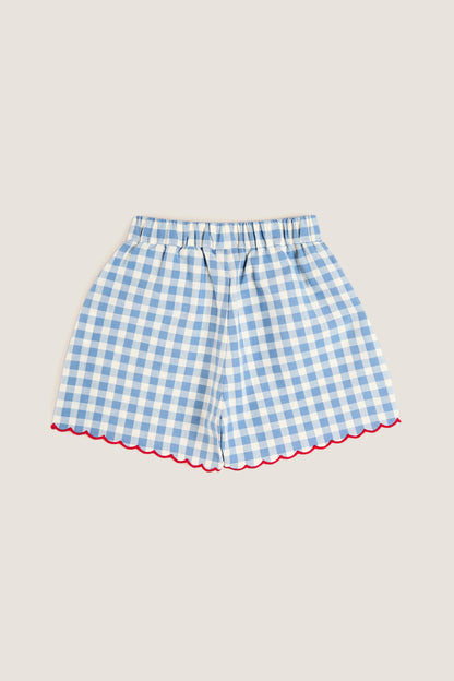 Blue Gingham Shorts with Red Trim