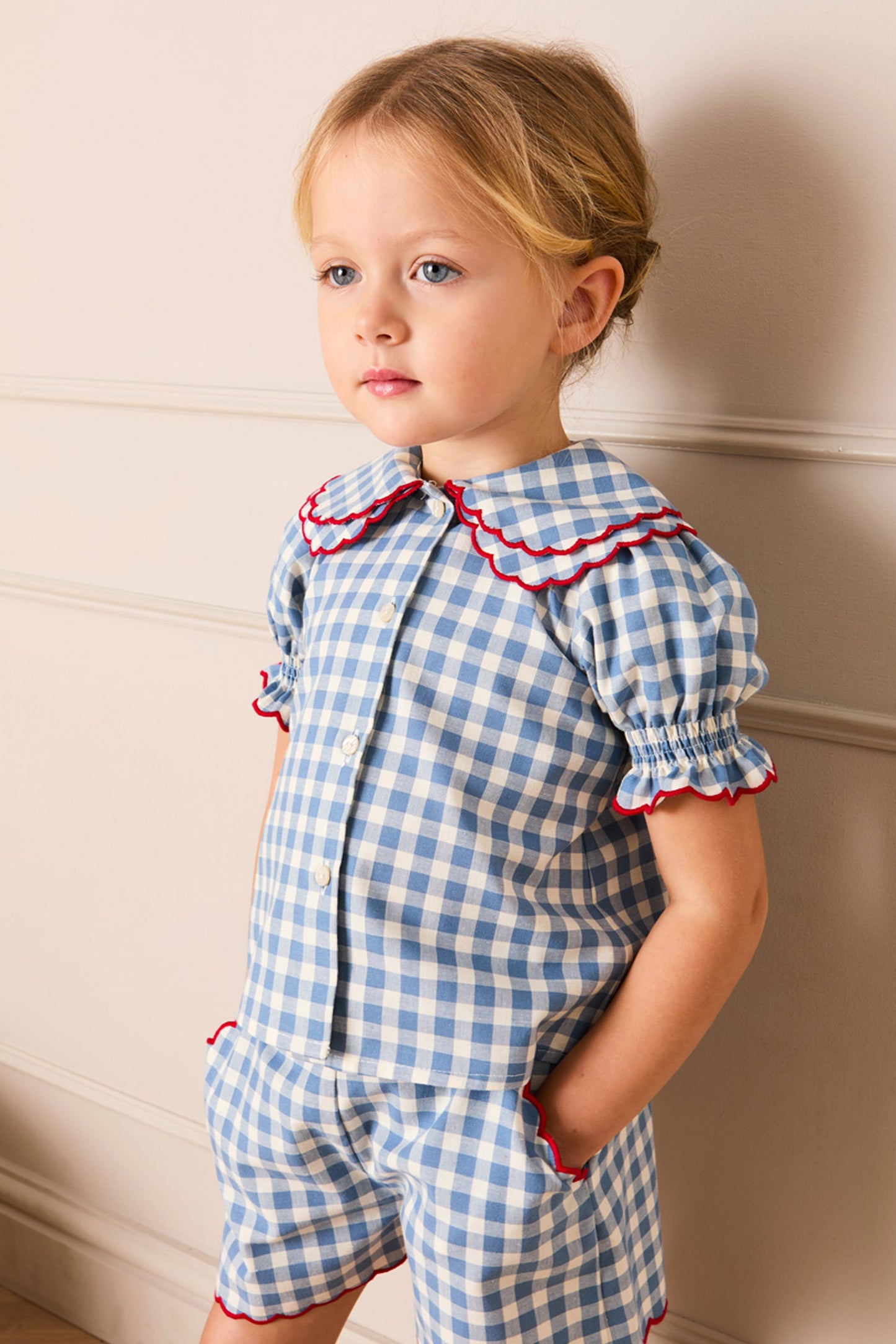 Blue Gingham Shorts with Red Trim