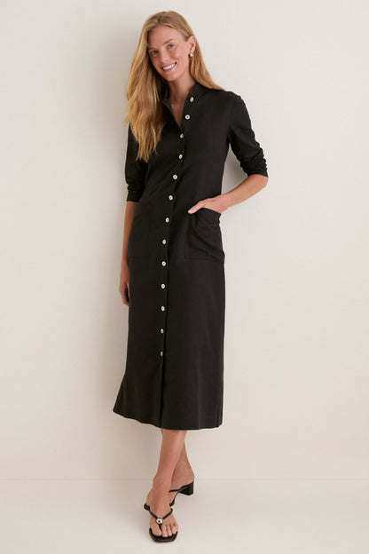 Black Cotton Linen Astra Button Down Dress