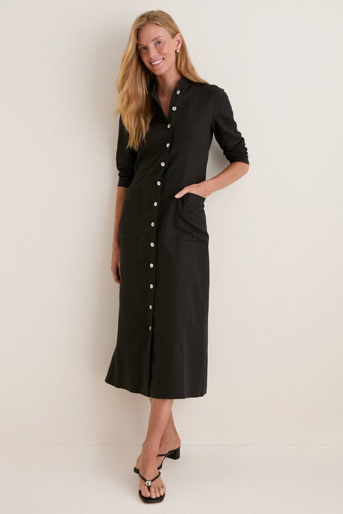 Black Cotton Linen Astra Button Down Dress
