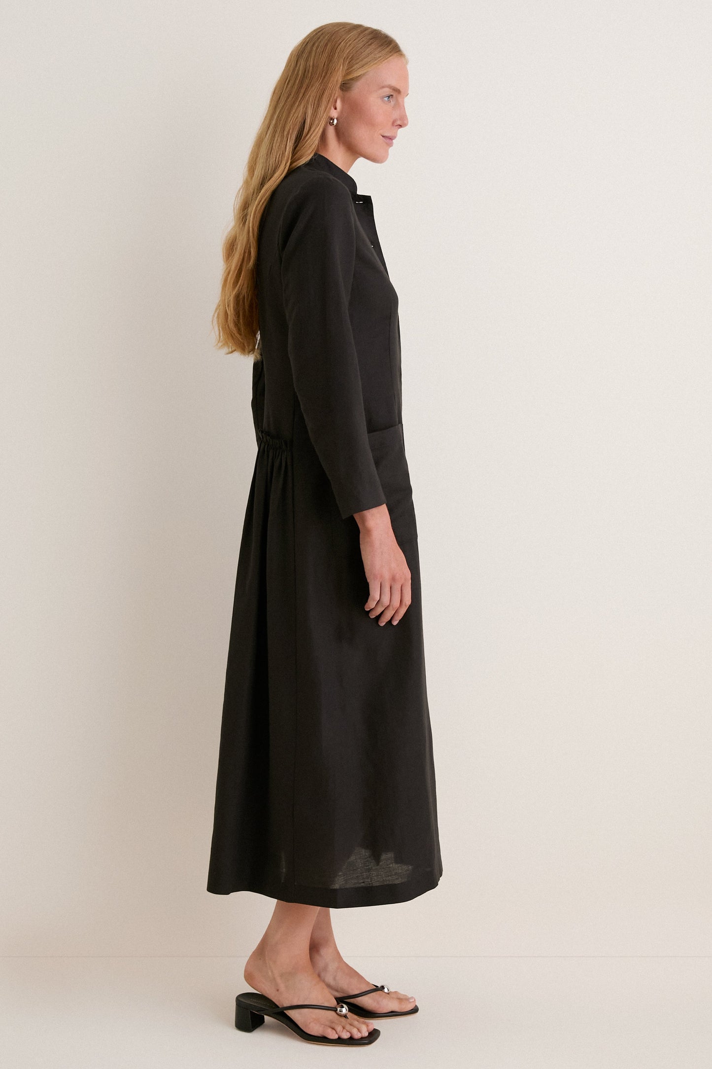 Black Cotton Linen Astra Button Down Dress