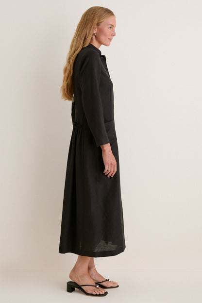 Black Cotton Linen Astra Button Down Dress