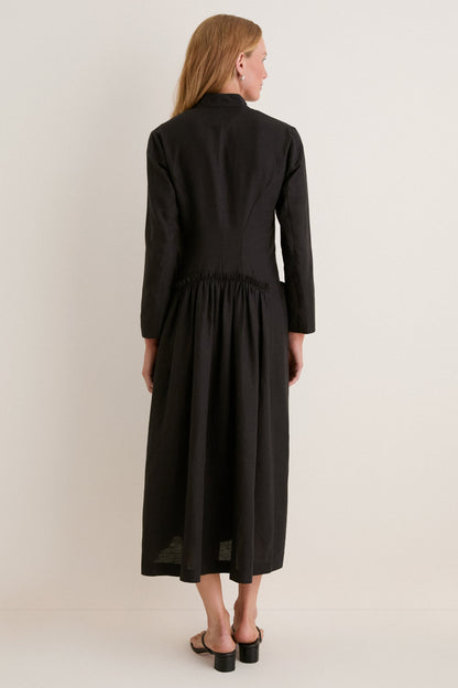 Black Cotton Linen Astra Button Down Dress