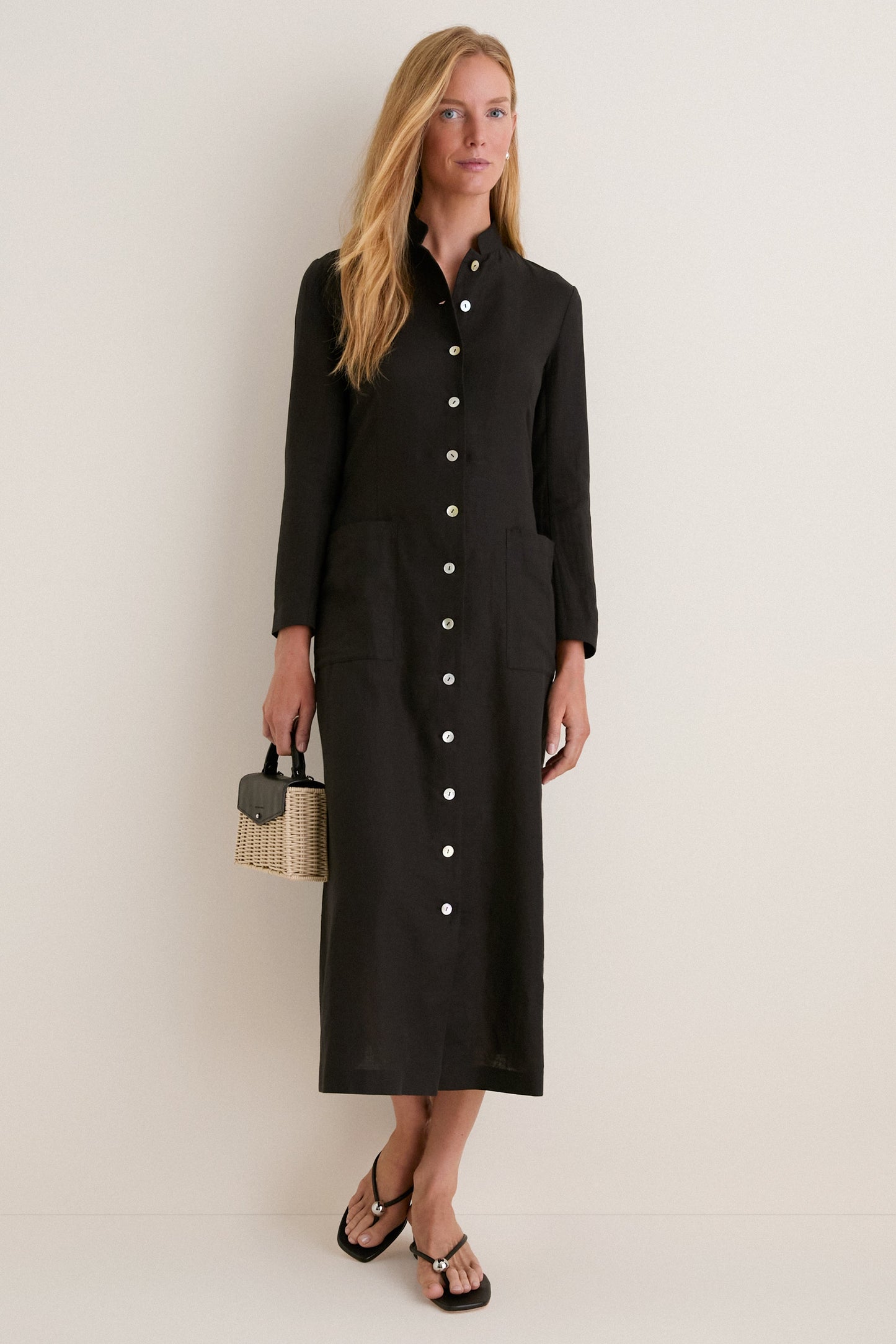 Black Cotton Linen Astra Button Down Dress