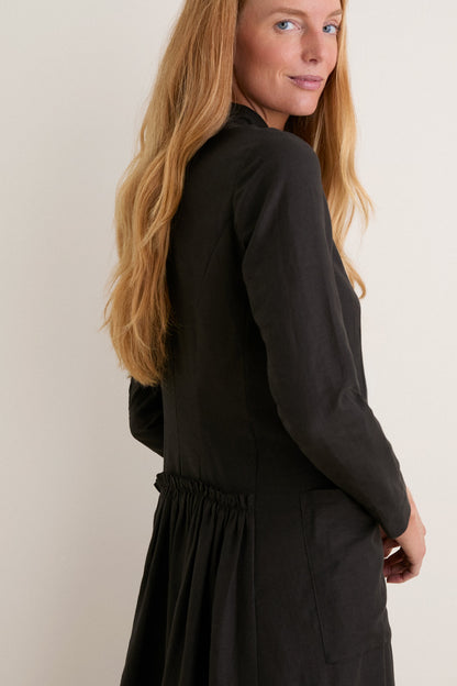 Black Cotton Linen Astra Button Down Dress