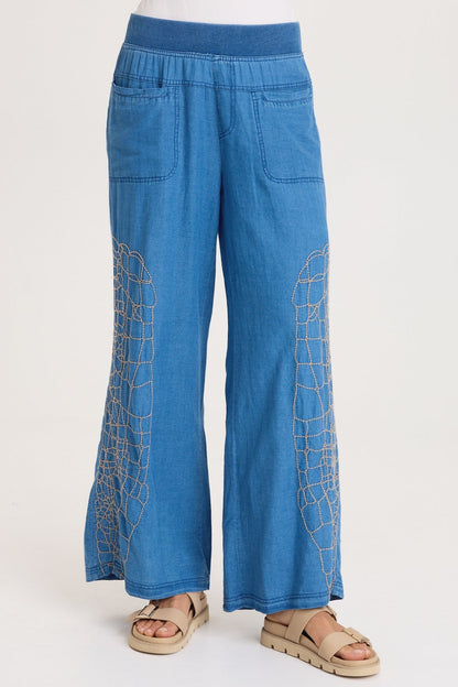Bonello Embroidered Mock-Denim Wide-Leg Pant