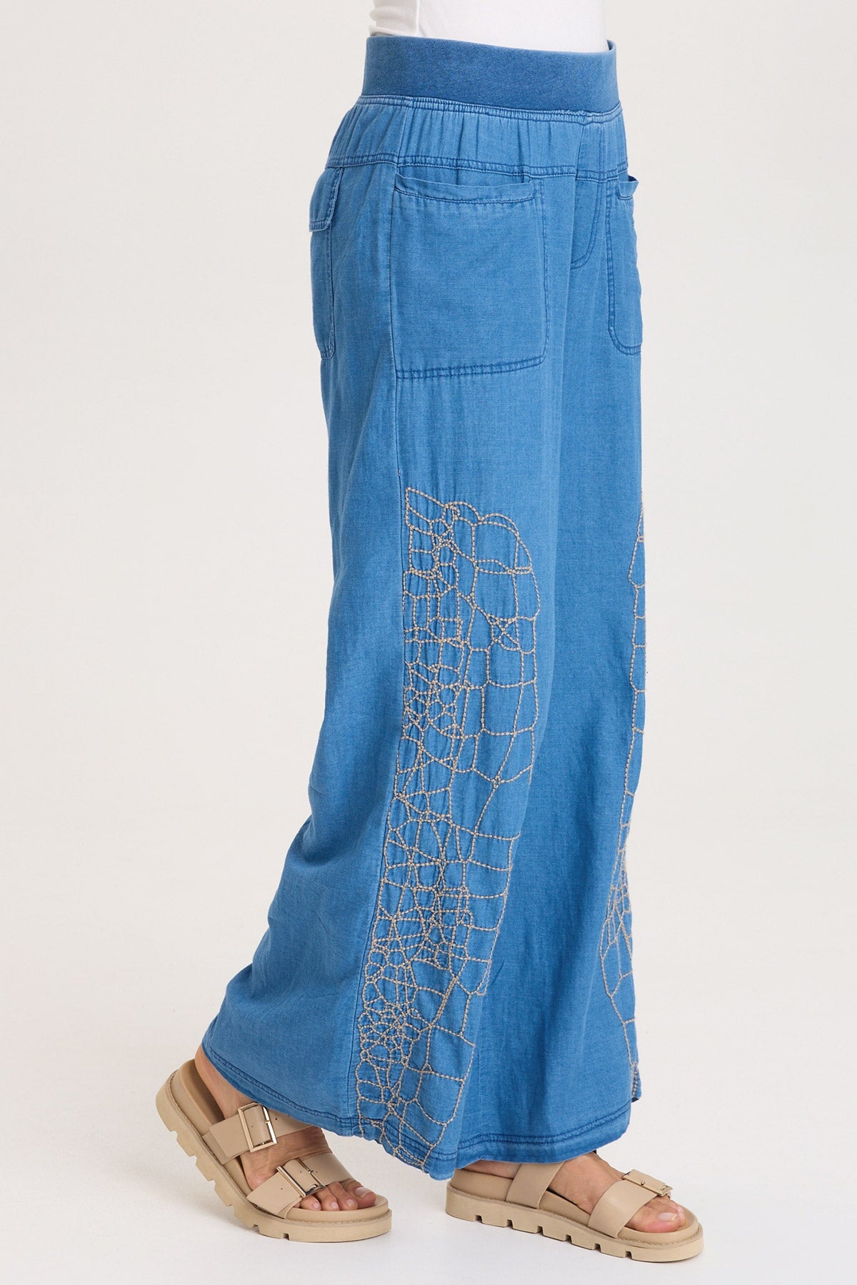 Bonello Embroidered Mock-Denim Wide-Leg Pant
