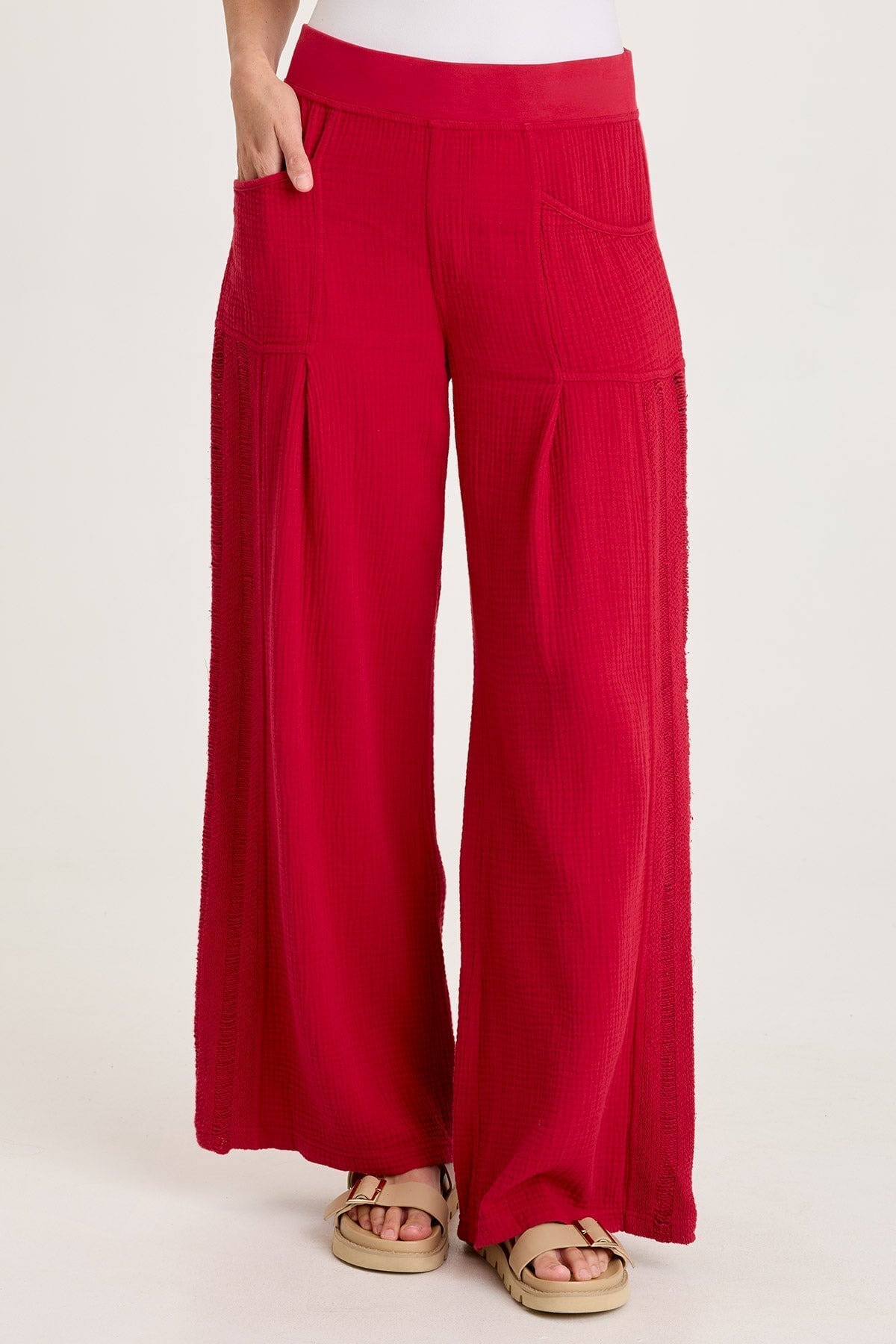 Elu Gauze Lace Trim Wide Leg Pant