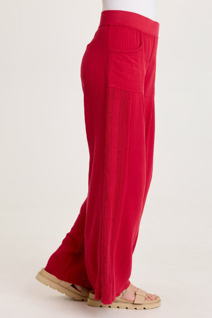 Elu Gauze Lace Trim Wide Leg Pant