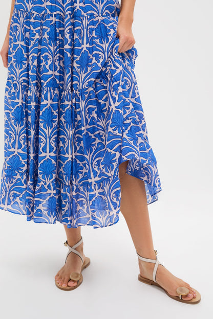 Blue Geometric Floral Porto Midi Skirt