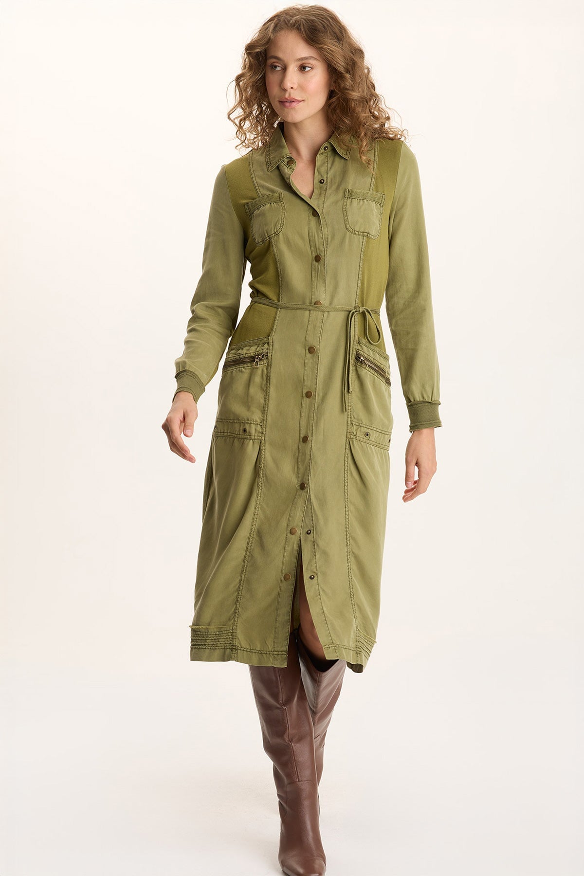 Oksana Twill/Jersey Snap-Up Midi Dress