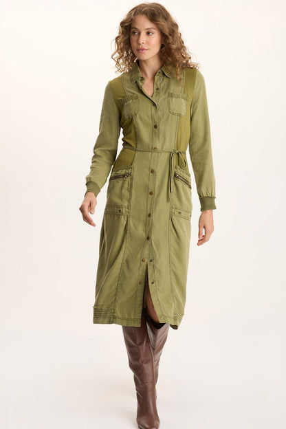 Oksana Twill/Jersey Snap-Up Midi Dress