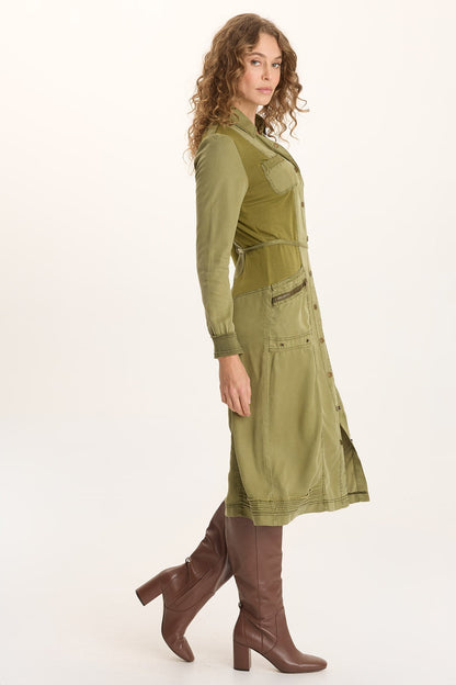 Oksana Twill/Jersey Snap-Up Midi Dress