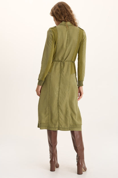 Oksana Twill/Jersey Snap-Up Midi Dress