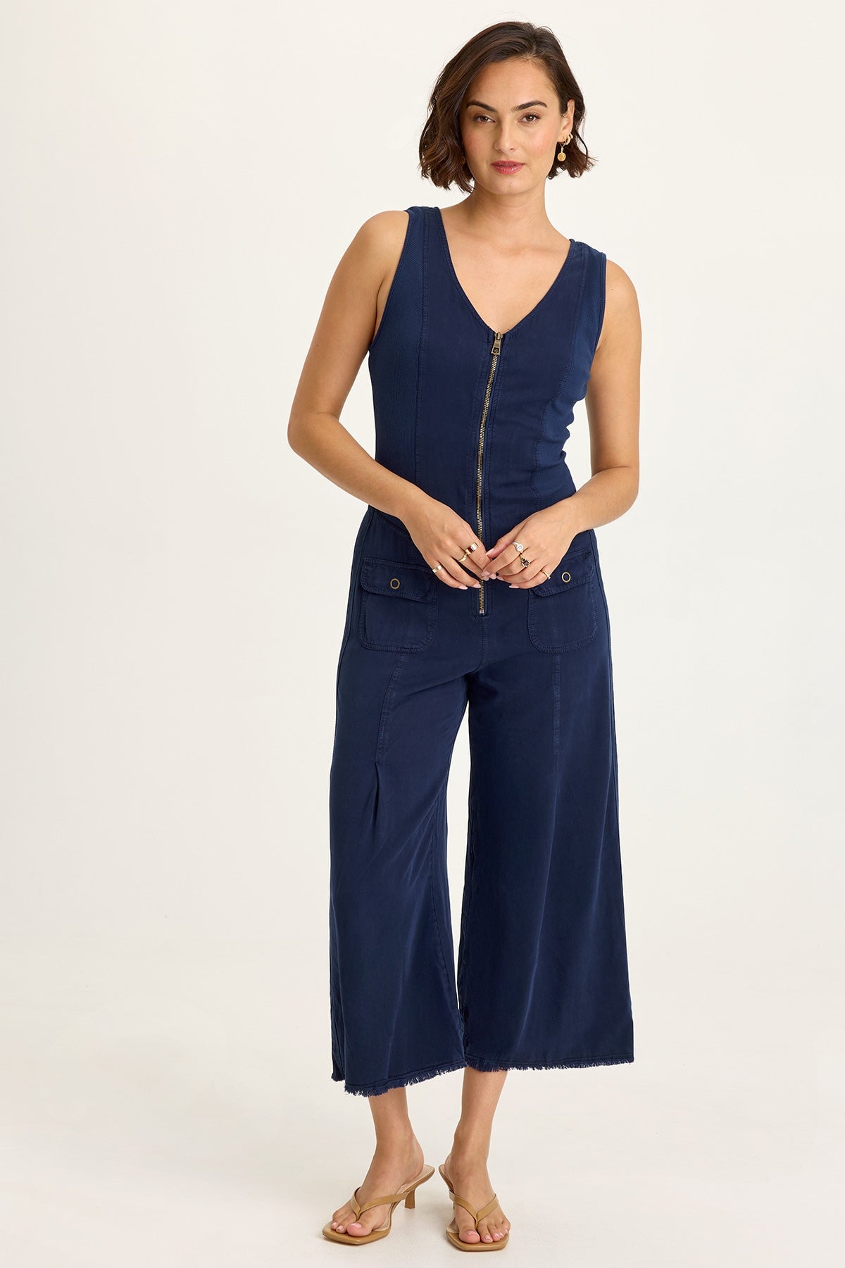 Linette Twill Zip-Up V-Neck Jumpsuit