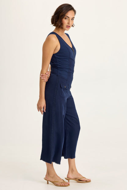 Linette Twill Zip-Up V-Neck Jumpsuit