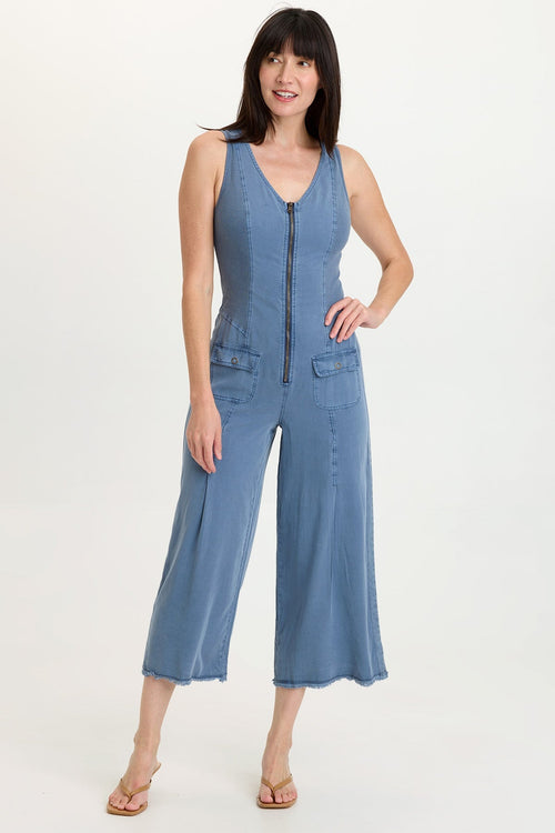Linette Twill Zip-Up V-Neck Jumpsuit