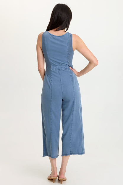 Linette Twill Zip-Up V-Neck Jumpsuit