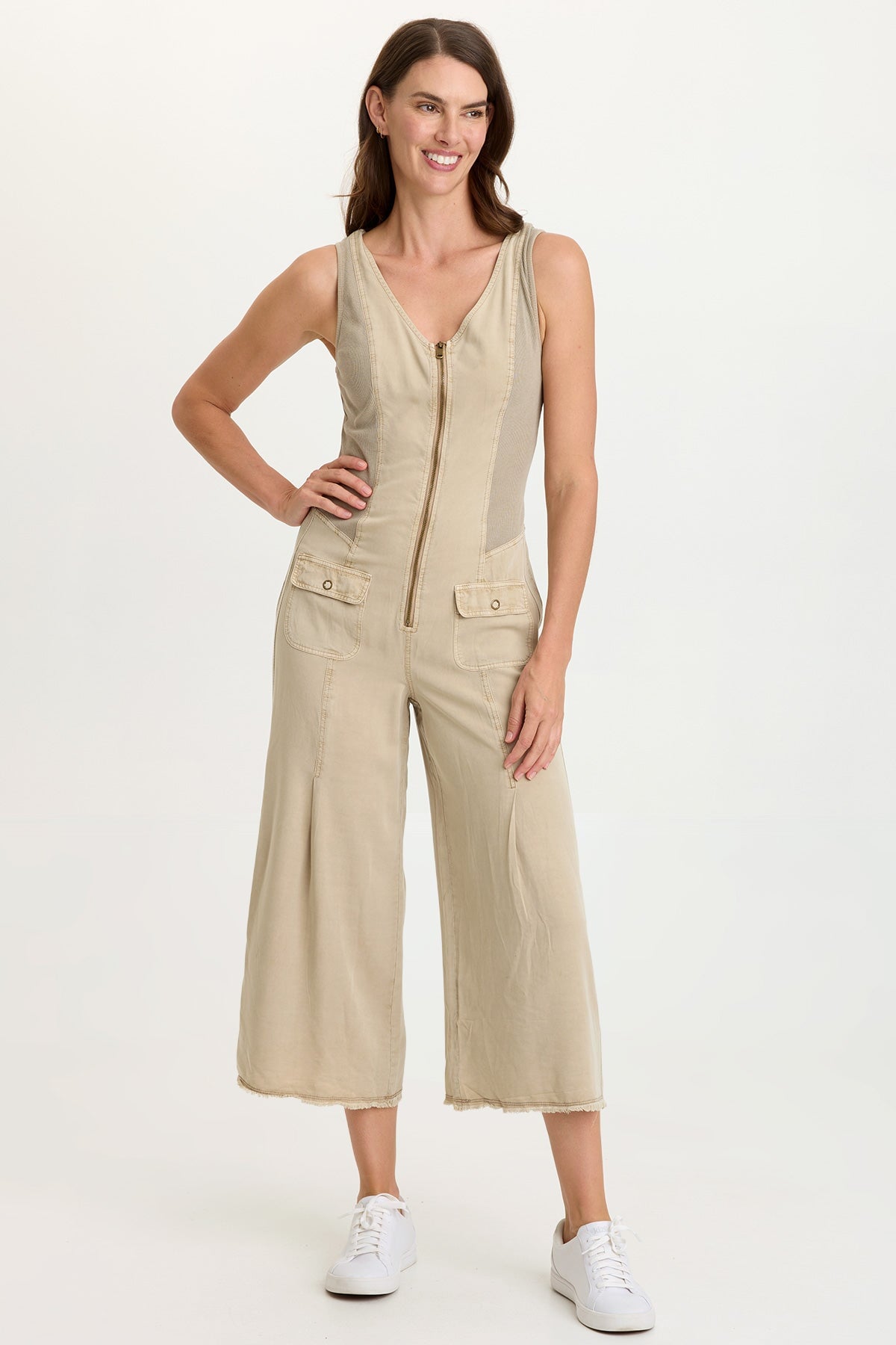Linette Twill Zip-Up V-Neck Jumpsuit