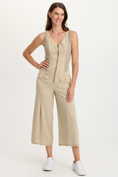 Linette Twill Zip-Up V-Neck Jumpsuit