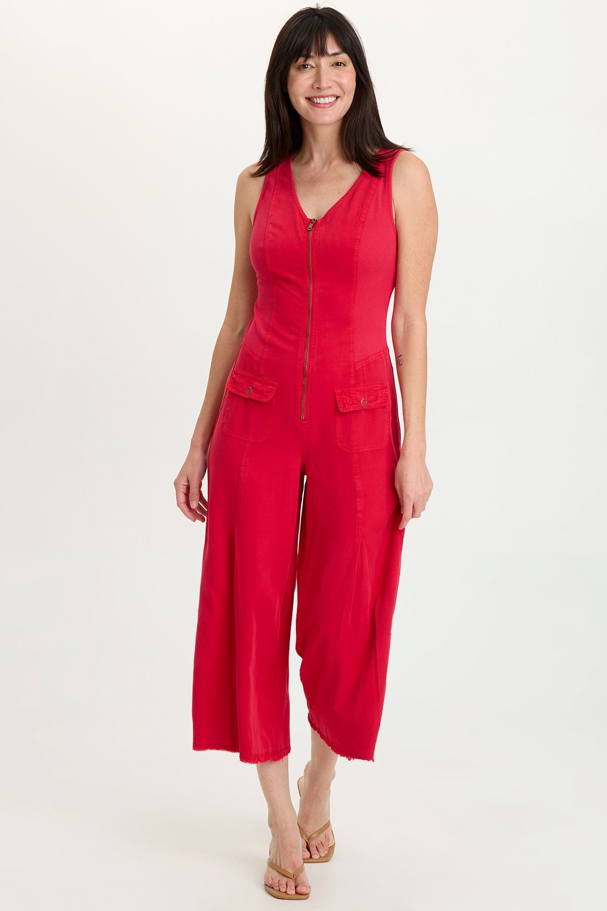 Linette Twill Zip-Up V-Neck Jumpsuit