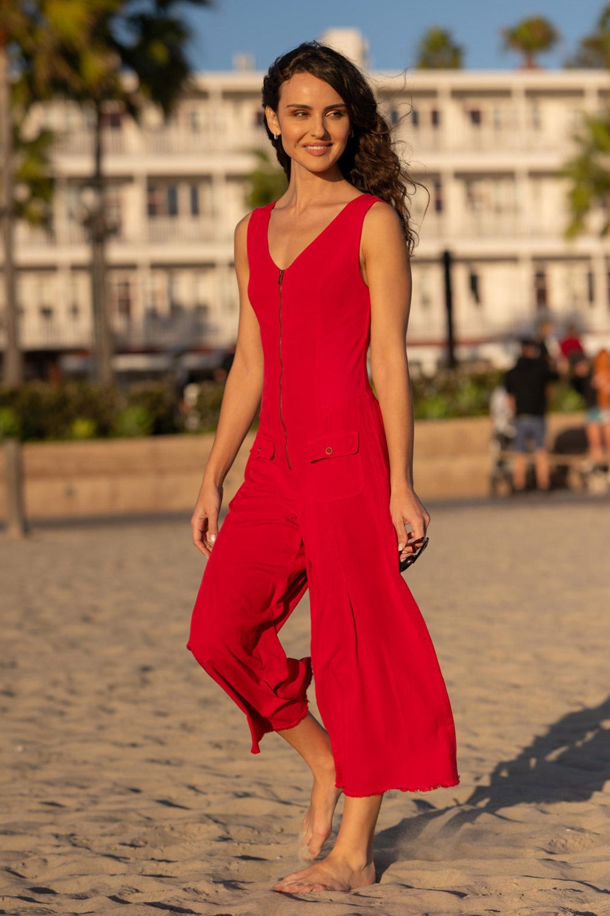 Linette Twill Zip-Up V-Neck Jumpsuit