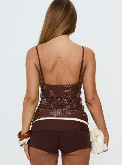 Leocadia Scoop Neck Bead Detail Top Chocolate