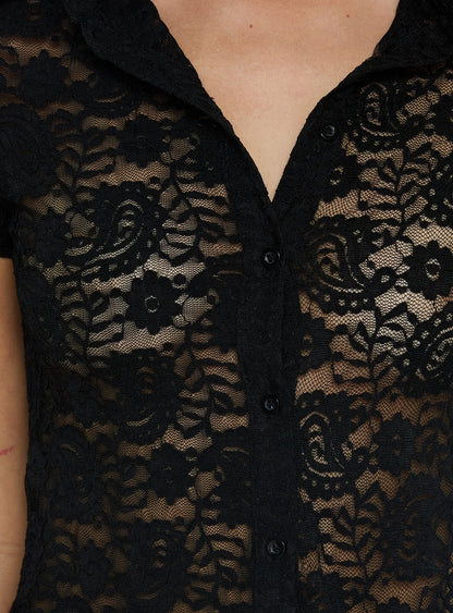 Daveney Lace Short Sleeve Collared Top Black