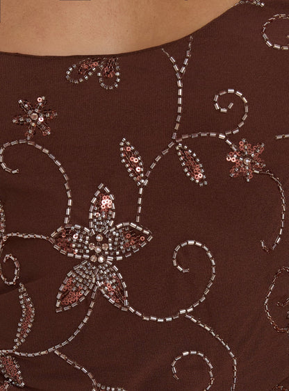 Leocadia Scoop Neck Bead Detail Top Chocolate