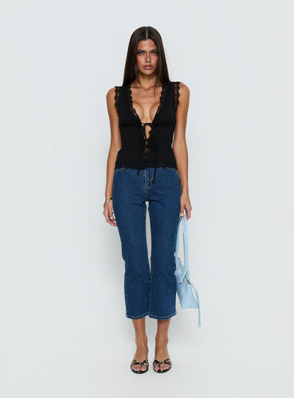 Kerena Lace Trim Tie Front Blouse Top Black