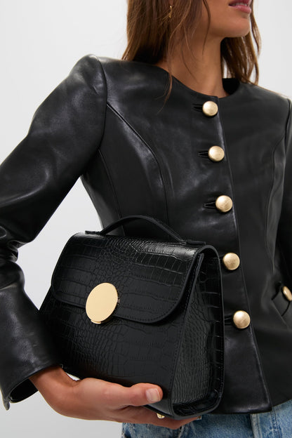 Black Bombo Croco Top Handle Satchel Bag