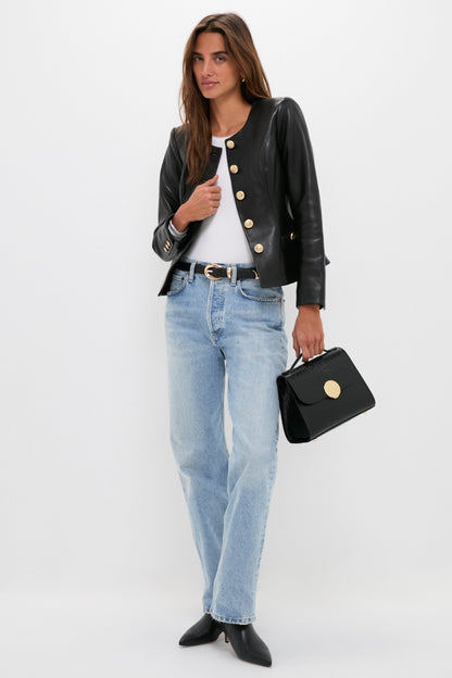 Black Bombo Croco Top Handle Satchel Bag