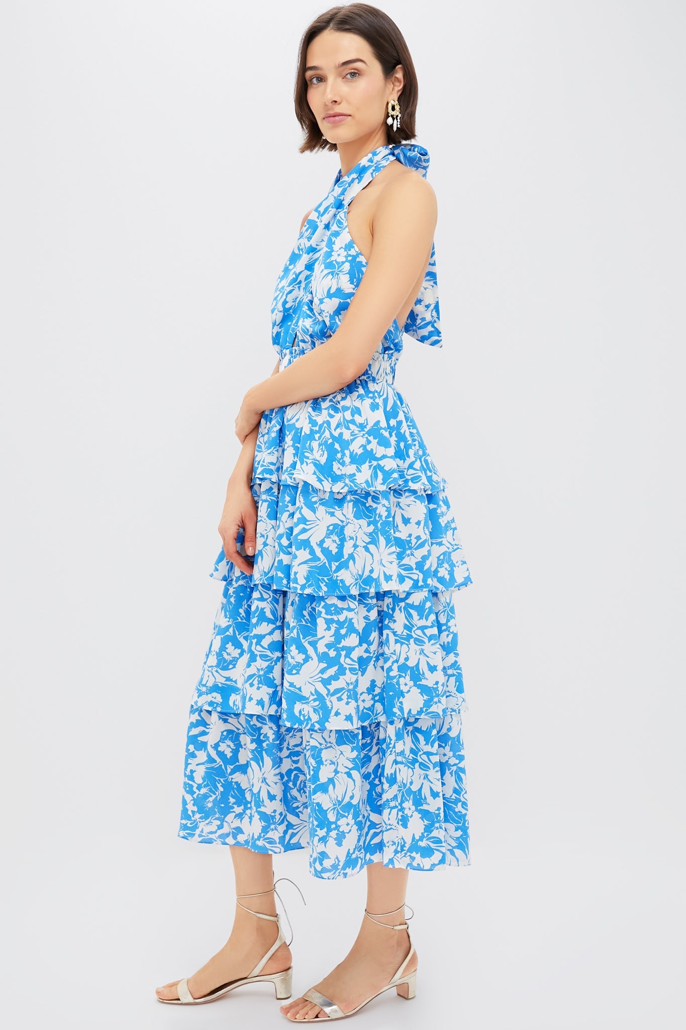 Blue & White Floral Halter Neck Jenny Midi Dress
