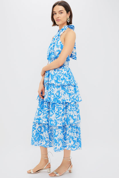 Blue & White Floral Halter Neck Jenny Midi Dress