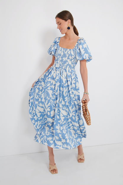 Blue Puff Sleeve Midi Dress